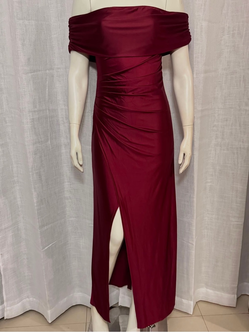 Off Shoulder Satin Maxi Dress Burgundy Pleated Ruched Front Slit Gown S